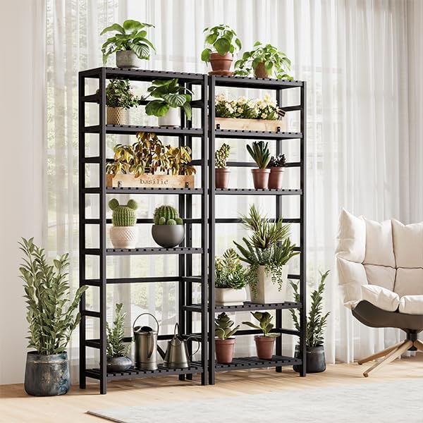 Bamjoy Bamboo Shelf, 6-Tier Bookshelf Adjustable Storage Shelves, Tall Shelving Unit Plant Stand, Storage Rack for Bathroom Home Office Living Room Kitchen, 23.6W x 10.2D x 63.4H Black