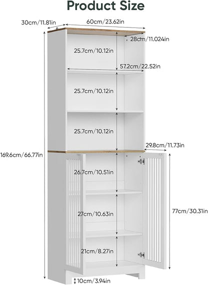 66.8" Tall Storage Cabinet with 2 Louvered Doors and 3 Open Shelves, Bathroom Storage Unit, Adjustable Shelves, Floor Cabinet for Bathroom, Office, Kitchen, White