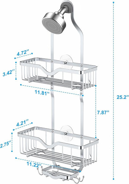 Kadolina Shower Caddy Hanging, Bathroom Shower Rack, Bathroom Organizer with Soap Dish, Over The Showerhead Caddy with Hooks for Razor/Sponge, Bright Silver (Assembly Required)