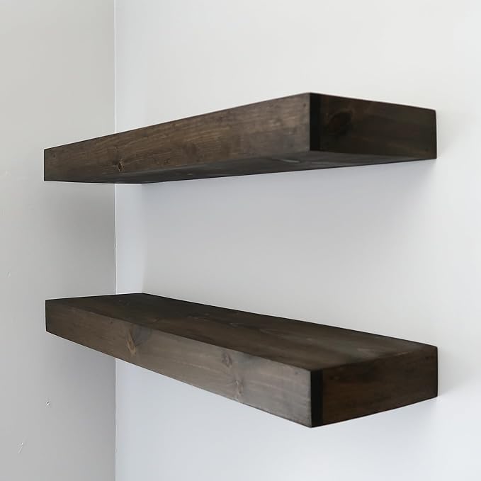 Urbandi Modern Floating Shelves 3 Inches Thick for Wall, Wide Shelves for Kitchen, Living Room, Bedroom, and Bathroom, Natural Pine Wood, Rustic Wooden Shelf, (Set of 2) (Jacobean, 24Lx3Hx8D)