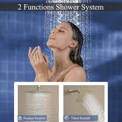 Shower Faucet Set Brushed Gold Shower System, Ceiling Mount 10 Inch Shower Head with 6 Inch Wall Mount Shower Head, Knob Switch Diverter Shower Faucet, Rough-in Valve Body and Trim Included