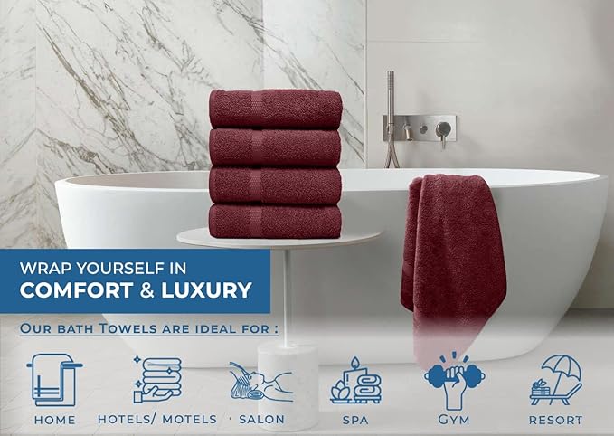DAN RIVER Bath Towels Set of 4, 27 x 54 Inches, 100% Cotton, Larger & Lighter Weight, Quicker to Dry, Super Soft and Absorbent, Ideal Soft Bath Towels for Daily Use, Pomegrante
