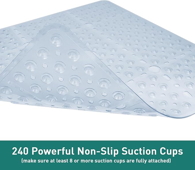 Large Clear Square Shower Mat Non Slip 27 x 27 Inch, Soft Bath Mat Bathtub Mat for Inside Shower Bathroom Floor, Shower Stall Mats with Big Suction Cups Drain Holes, Easy Washable, BPA-Free