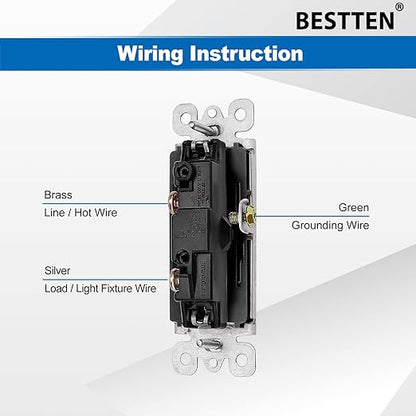 BESTTEN 10 Pack Single Pole Decorator Wall Light Switch with Wallplate, 15A 120/277V, On/Off Rocker Paddle Interrupter, UL Listed, Black