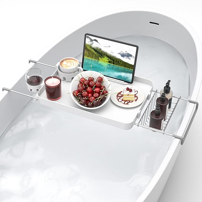 Bathtub Tray Caddy Expandable Bath Tray with Cup Holder Plastic Bathtub Caddy Shelf Stylish Bathroom Organizer for Candle Towel, Book, Wine, Phone, Shower