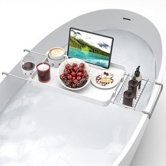 Bathtub Tray Caddy Expandable Bath Tray with Cup Holder Plastic Bathtub Caddy Shelf Stylish Bathroom Organizer for Candle Towel, Book, Wine, Phone, Shower