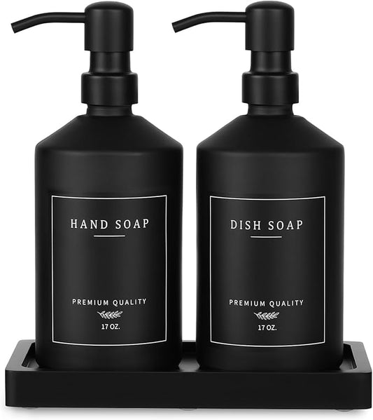 Matte Black Soap Dispenser Set, 17 OZ Hand and Dish Soap Dispenser Set, Bathroom Refillable Soap and Lotion Dispenser Set with Stainless Pump, Modern Liquid Soap Bottle Set(Black Bottle/Black Pump)