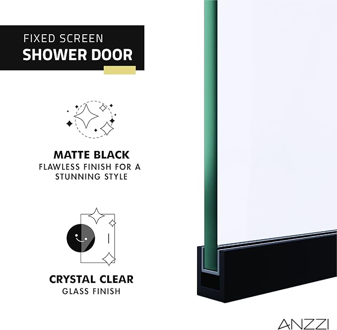 ANZZI 74 X 34 Inch Frameless Fixed Glass Shower Screen Shower Door in Matte Black | Screen Water Repellent Clear Tempered Glass Single Panel for Shower Room | Glass Screen Frame Hardware Complete Kit