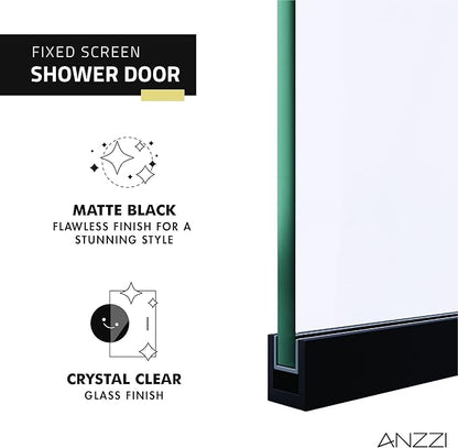 ANZZI 74 X 34 Inch Frameless Fixed Glass Shower Screen Shower Door in Matte Black | Screen Water Repellent Clear Tempered Glass Single Panel for Shower Room | Glass Screen Frame Hardware Complete Kit