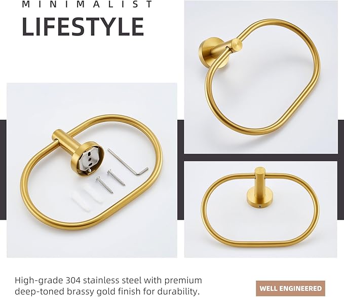 Angle Simple Towel Ring Brassy Gold, SUS 304 Stainless Steel Swivel Hand Towel Holder for Bathroom Wall Mount