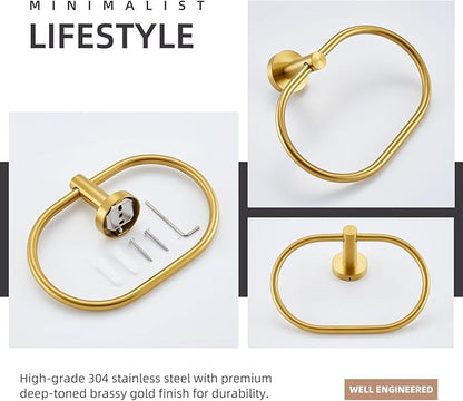 Angle Simple Towel Ring Brassy Gold, SUS 304 Stainless Steel Swivel Hand Towel Holder for Bathroom Wall Mount