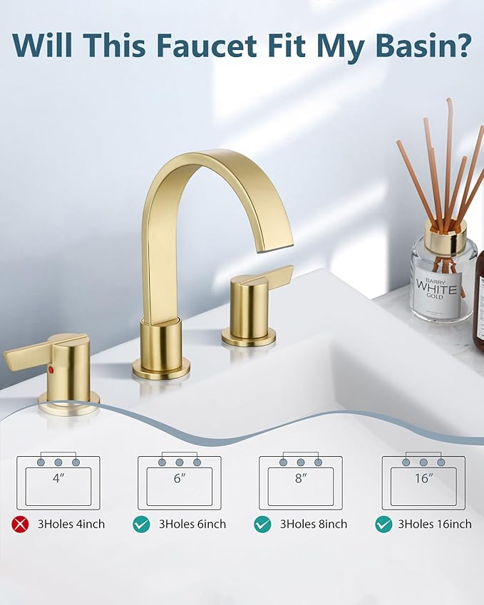 Aolemi Bathroom Faucets 3 Hole,8 Inch Widespread Waterfall Bathroom Sink Faucet,2 Handles Vanity Faucet with Pop-up Drain and Supply Hose,Gold