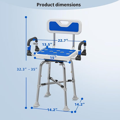 Swive Shower Chair with Arms and Back Heavy Duty 500 lbs for Seniors Elderly Disabled or Bariatric Adults Bench Seat for Inside Shower Stall and Bathroom Bath Tub Seats Adjustable Stool
