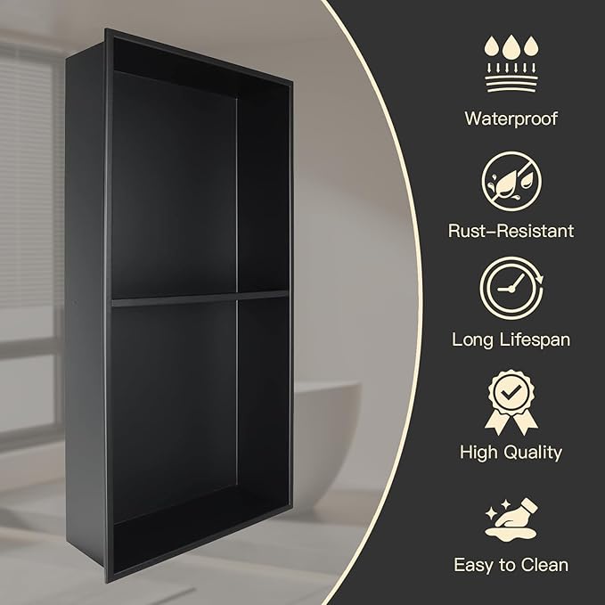 24" X 12" X 4" Stainless Steel Shower Niche Insert Tile Ready, Bathroom Wall Niche, Recessed Shower Shelf for Bathroom Storage, Matte Black