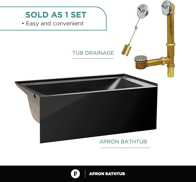 Fine Fixtures Acrylic, Fiberglass Alcove Soaking Bathtub with Integral Apron Front - Drain Included (54" x 30", Left Hand, Black)