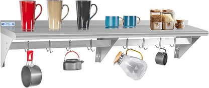 Hally Stainless Steel Shelf with 8 Hooks 14" x 60" Wall Mounted Pot Rack 400lb, NSF Commercial Floating Shelving for Storage Hanging Pots, Pans, cookware in Restaurant, Kitchen, Home and Hotel