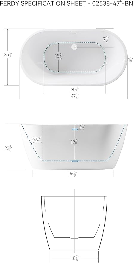 FerdY 47" Bali Acrylic Freestanding Bathtub, Gracefully Shaped Freestanding Soaking Bathtub, cUPC Certified, Toe-Tap White Drain and Minimalist Linear Design Overflow Included