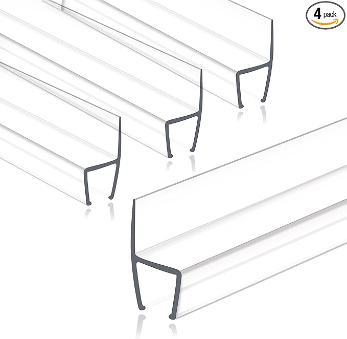 Frameless Shower Door Seal Strip 4 Pack x 39 Inch H for 3/8" Thick Glass Shower Door Side Seal Strip Bottom Seal Door Sweep, Ultra Clear Polycarbonate Stop Showers Leaks Create A Water Barrier