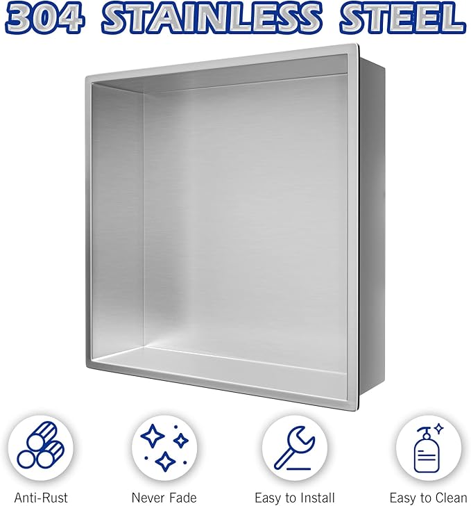 Stainless Steel Shower Niche 12" X 12" Brushed No Tile Needed Niche Shower Recessed Wall Niches for Bathroom Storage Over Mount Installation