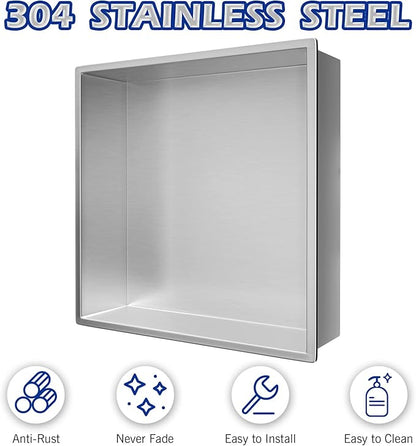 Stainless Steel Shower Niche 12" X 12" Brushed No Tile Needed Niche Shower Recessed Wall Niches for Bathroom Storage Over Mount Installation