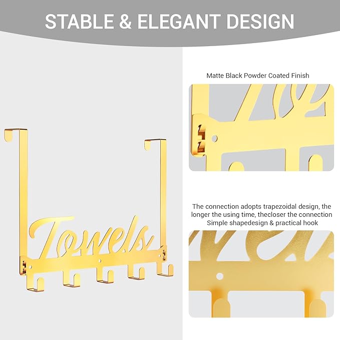 Over The Door Hooks, Towel Rack Towel Hooks for Bathroom, Towel Holder for Hanging Heavy Duty, Door Rack Over Door Hanger with 5 Coat Hooks for Bedroom Bathroom Kitchen（Light Gold）