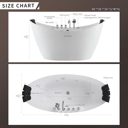 Empava 59" x 28" Freestanding Whirlpool Tub with Center Drain,560W Stand Alone Bathtub with 8 Hydromassage Jets, Unique Boat-Shaped,Acrylic,ETL Certified