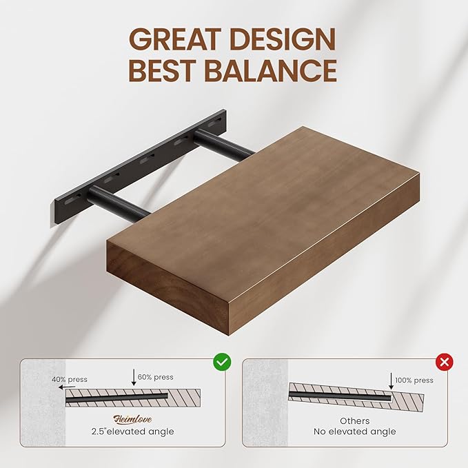 Heimlove Floating Shelves for Wall,2 Packs 16 inches Natural Pine Solid Wood Floating Shelves, 8 inches Deep Wooden Shelves for Kitchen Bedroom Office & Living Room Wall Decor