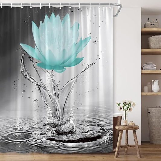 Lotus Shower Curtain Black White Grey Teal Flower Elegant Blooming Floral with Dew Spring Flower Reflection on Water Modern Romantic Polyester Fabric Bathroom Decor 70×90 Inch with Hook