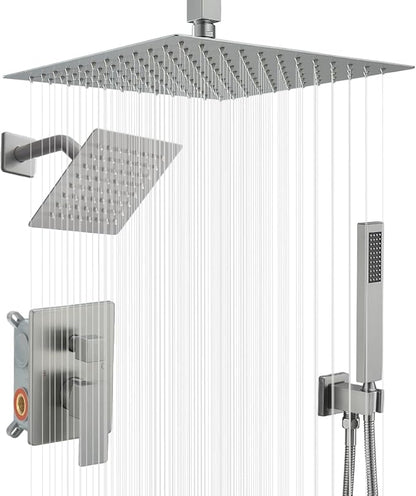 Shower Faucet Set Brushed Nickel Shower System, Knob Switch Diverter Shower Faucet with High Pressure Handheld Spray, Ceiling Mount 12 Inch Shower Head with 6 Inch Wall Mount Shower Head
