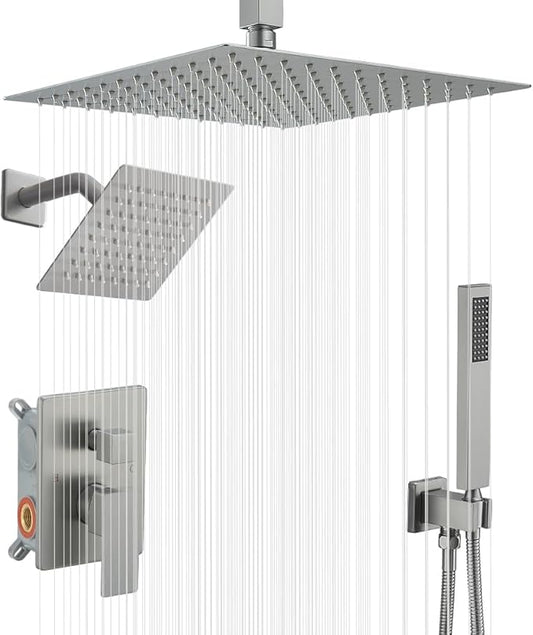 Shower Faucet Set Brushed Nickel Shower System, Knob Switch Diverter Shower Faucet with High Pressure Handheld Spray, Ceiling Mount 12 Inch Shower Head with 6 Inch Wall Mount Shower Head