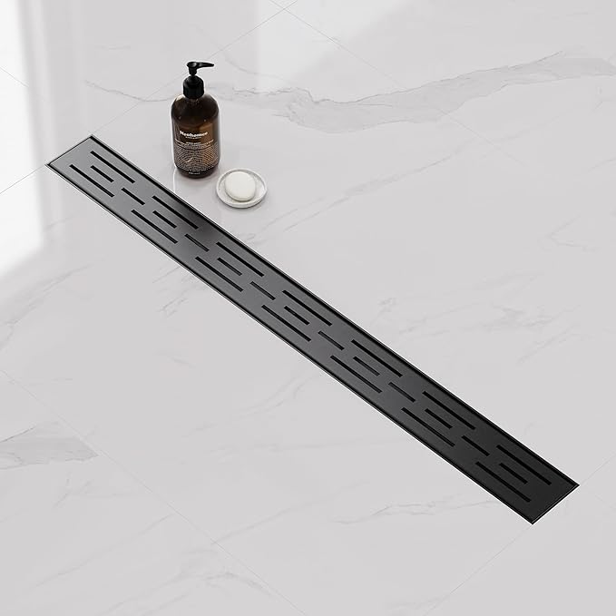 Neodrain 28 Inch Rectangular Linear Shower Drain with Brick Pattern Grate, 304 Stainless Steel Bathroom Floor Drain,Shower Floor Drain Includes Adjustable Leveling Feet, Hair Strainer,Black