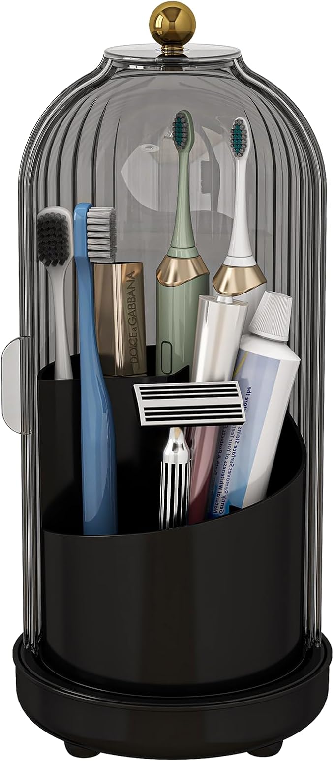 Toothbrush Holders with Cover, Drainage Rotating Electric Toothbrush Organizer, 3 Slots Tooth Brush Holder for Bathroom Counter, Gray Black