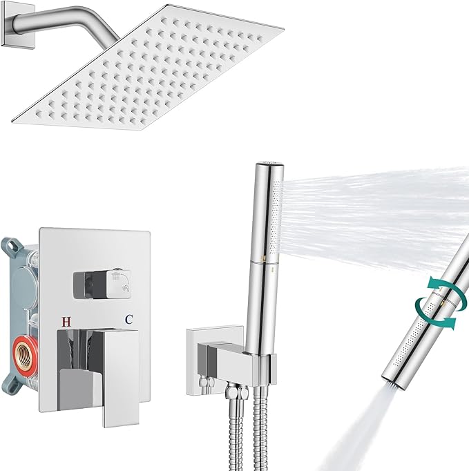 Aolemi Shower Faucet Set, High Pressure Shower System with 2-in-1 Handheld Sprayer, Wall Mount Fixture Combo with Rough-in Valve, 8 Inch Shower Head, Polish Chrome