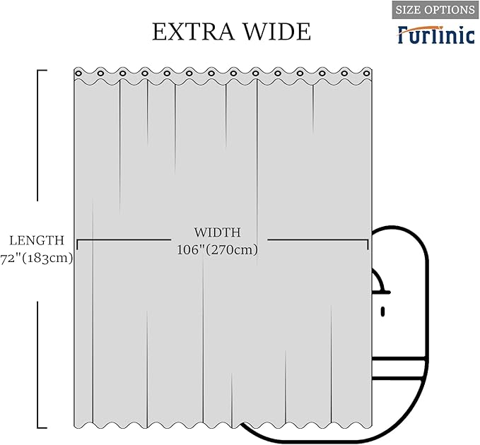 Furlinic Extra Wide No Hook Black Shower Curtain 108x72 Inch,Polyester Fabric Waterproof Shower Curtain Liner with 14 Plastic Split Grommets,Washable Shower Curtains for Bathroom Hotel Spa Luxury