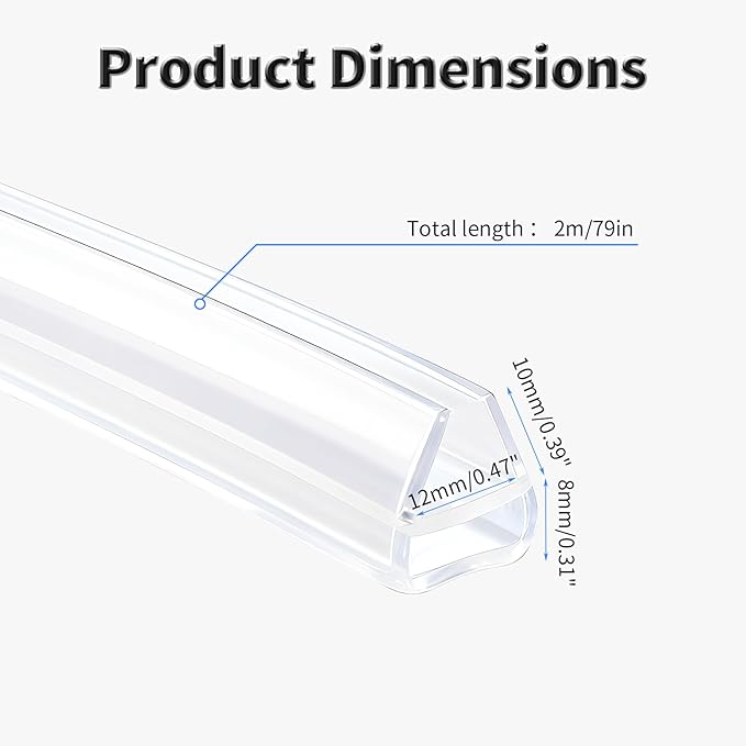 Shower Door Side Seal Strip,79 Inch U-Type Frameless Shower Door Seal, U-Type Shower Door Sweep for 15/32"(12mm) Thick Glass