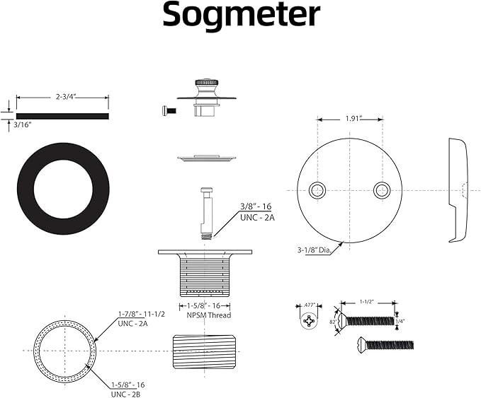 Chrome Plated Bathtub Drain, Hair Catcher and 2-Hole Overflow Faceplate, 11.5/16 UNC, Lift and Turn Bathtub Drain Replacement, Tub Drain Stopper