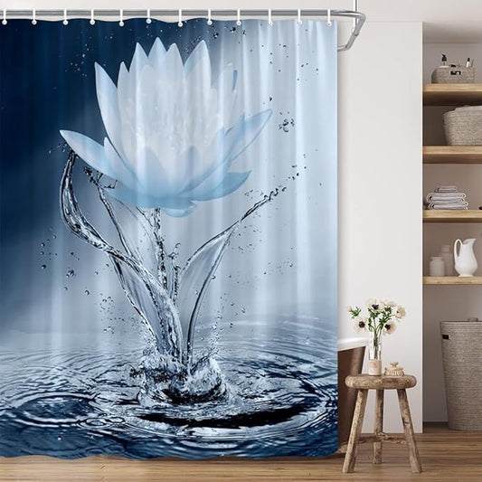 Lotus Shower Curtain Blue Flower Elegant Blooming Floral with Dew Spring Flower Reflection on Water Modern Romantic Polyester Fabric Bathroom Decor 108×70 Inch with Hook