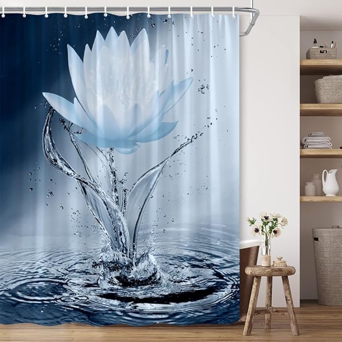 Lotus Shower Curtain Blue Flower Elegant Blooming Floral with Dew Spring Flower Reflection on Water Modern Romantic Polyester Fabric Bathroom Decor 60×70 Inch with Hook