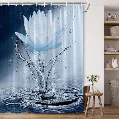 Lotus Shower Curtain Blue Flower Elegant Blooming Floral with Dew Spring Flower Reflection on Water Modern Romantic Polyester Fabric Bathroom Decor 70×96 Inch with Hook