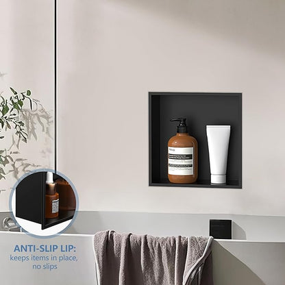 Homevacious 12“ x 12" x 4" Stainless Steel Shower Niche No Tile Needed Matte Black Bathroom Shelf Rimless Recessed Wall Niche for Bathroom Storage