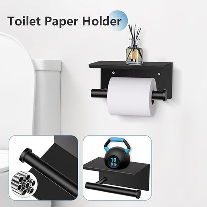 TNOMS 5 Pieces Towel Bar Set Matte Black Bathroom Hardware Set Upgraded Toilet Paper Holder with Shelf Towel Rail Set for Bathroom Stainless Steel Wall Mounted 23.6 Inch