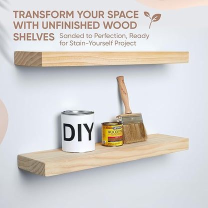 Homeforia 24 inch Wood Floating Shelves, High End Solid Natural Wood 24inch Floating Shelf for Wall, Unfinished Wooden 24 inches Floating Shelves, Heavy Duty Bracket, 24 X 6.5 X 1.75 in, Set of 3