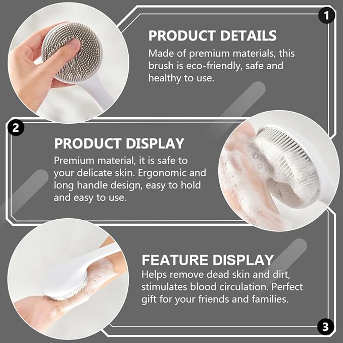 Housoutil Silicone Body Brush Back Scrubber for Adults, Bath Shower Scrub Brush with Massage Function, Soft Silicone Back Cleaning Scrubber for Shower and Skin Exfoliation