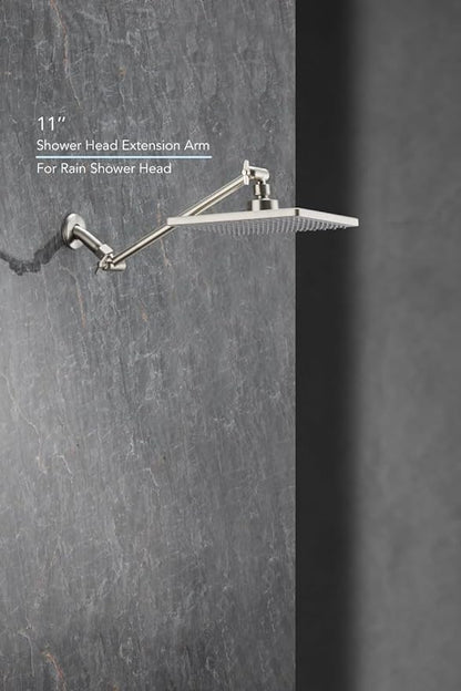 11 Inch Adjustable Shower Head Extension Arm With Locking Set Screw, Singing Rain Brass Nickel Brushed Angle Height Adjustable, Easy To Install, G1/2 Universal Connector Compatible (Nickel Brushed)