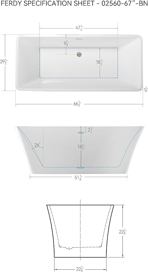 FerdY Sentosa 67" Acrylic Freestanding Bathtub, Contemporary Design Soaking Tub with Brushed Nickel Drain and Minimalist Linear Design Overflow, Easy to Install, 02560