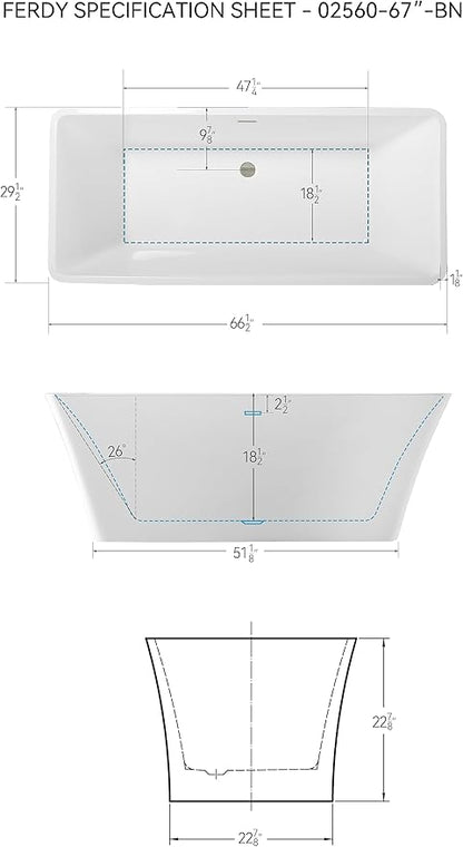 FerdY Sentosa 67" Acrylic Freestanding Bathtub, Contemporary Design Soaking Tub with Brushed Nickel Drain and Minimalist Linear Design Overflow, Easy to Install, 02560