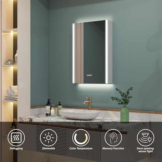 WELLFOR 20" x 30" LED Mirrored Bathroom Cabinet, Mirror Medicine Cabinet with Lights, Defogging LED Mirror Cabinet with Outlets & USB Ports, Surface Mounted, Right Opening Door, Hardwired Connected