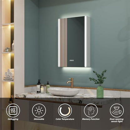 WELLFOR 20" x 30" LED Mirrored Bathroom Cabinet, Mirror Medicine Cabinet with Lights, Defogging LED Mirror Cabinet with Outlets & USB Ports, Surface Mounted, Right Opening Door, Hardwired Connected