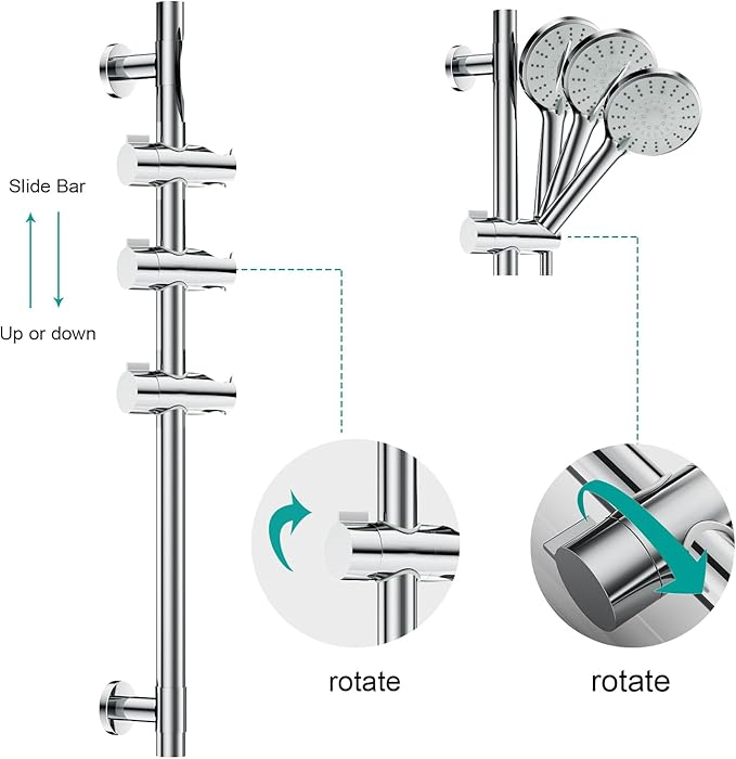 Shower Slide Bar Handheld Shower Head with Hose, 5-Function Hand Shower with Wall Mount，shower slide bar,adjustable height shower head (A-round, Chrome)
