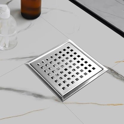 morefine Square Shower Drain with Flange, Shower Drain 6 inch with Removable Grate Cover, SUS 304 Stainless Steel, Brushed Nickel